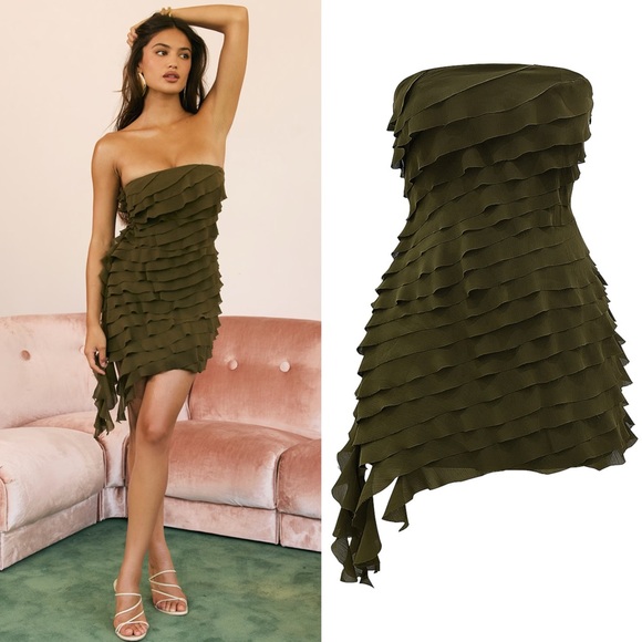 Mistress Rocks Olive Strapless ruffle mini dress - Picture 2 of 13